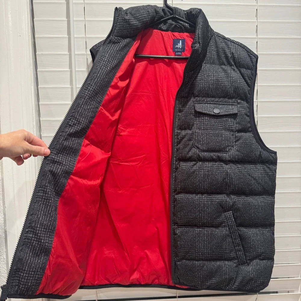 johnnie-O Men's Grey Plaid Golf‎ Quilted Puffer Full Zip Vest Red Lined Size XL